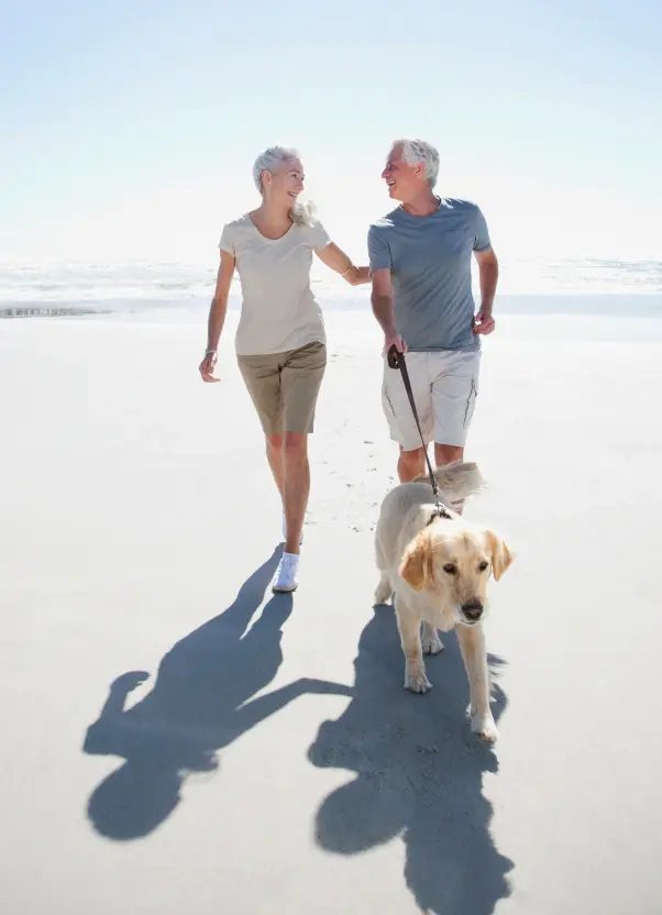 older couple walking dog on beach